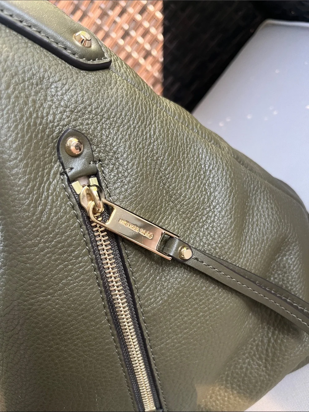 Michael Kors Olive Green Pebbled Leather Hobo Bag with Gold Hardware